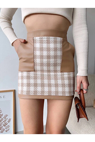 Ethab Ticaret Leather Pocket Paneled Pleated Skirt Beige H24604