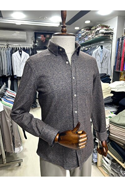 Erkek Slim Fit Örme Kışlık Gömlek Pamuklu Esnek Gizli Düğmeli Yaka Oduncu