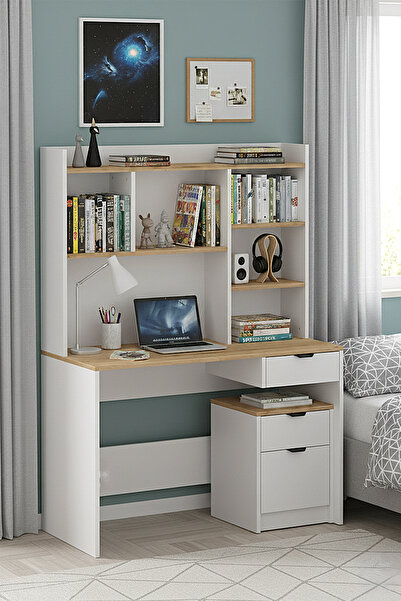 SARMOBİ Harmony Raflı, Çekmeceli Çalışma Masası + Keson Beyaz - Cadiz
