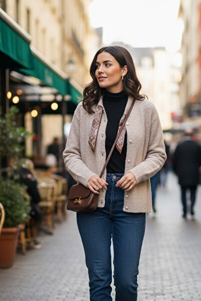 Tarz Cool Women's Beige Crew Neck Scarf Buttoned Knitwear Cardigan