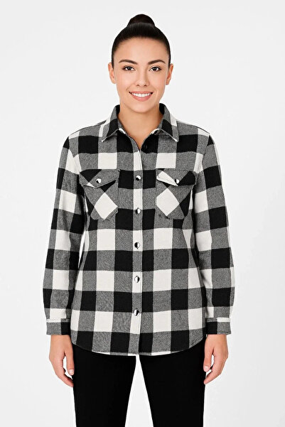 BLACK MODBLACK Women's Lumberjack Shirt – Long Sleeve, Fleece-Lined Fabric, Red and White Checked Pattern, Regular Fit, C