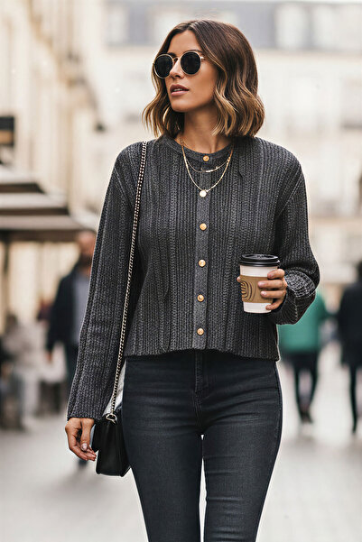 Tarz Cool Women's Smoked Glitter Buttoned Crew Neck Knit Cardigan