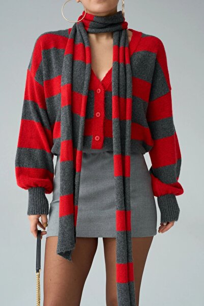 De Pose Kadın Kırmızı Çizgili Şal Aksesuarlı Hırka