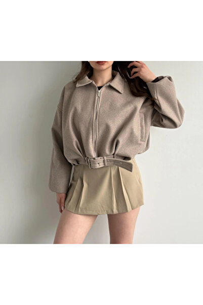 cemo Kemerli Fermuarlı Kaşe Bomber Ceket