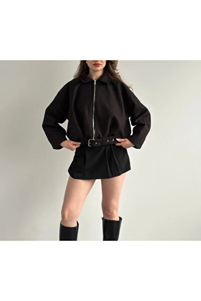 cemo Kemerli Fermuarlı Kaşe Bomber Ceket