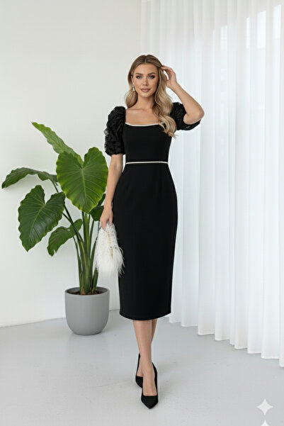 ALFUDO Moda Collection Özel Tasarım İnci Detaylı Balon Kol Abiye Siyah Elbise