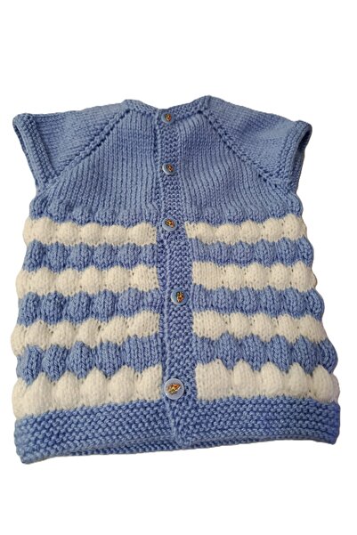 Bulut Anne ve Çocuk Yün el örgüsü mavi beyaz erkek bebek yeleği düğmeli motif...