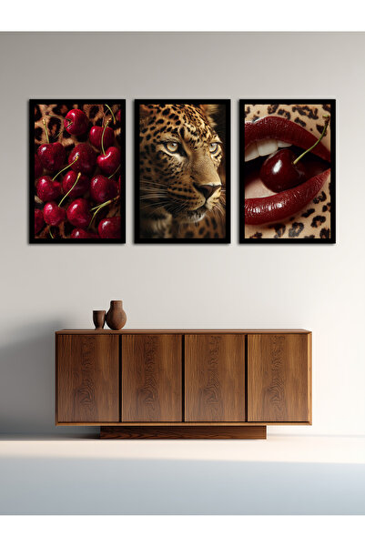 pixelogart 3’lü Modern Tablo Seti – Kiraz & Leopar Temalı Dekoratif Duvar Tab...