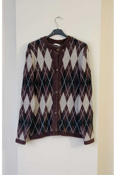 JM Women's Diamond Patterned Bearded Knitwear Cardigan