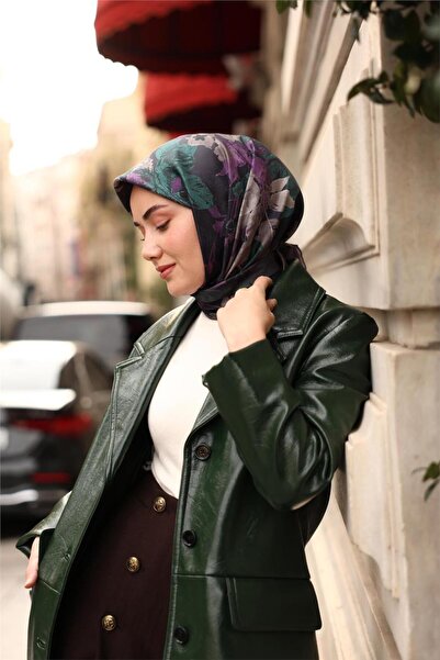 Silk Home Eșarfă din mătase twill, model floral bleumarin 90x90