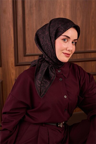 Silk Home Eșarfă din mătase twill, negru, roșu claret, cu model floral, 90x90