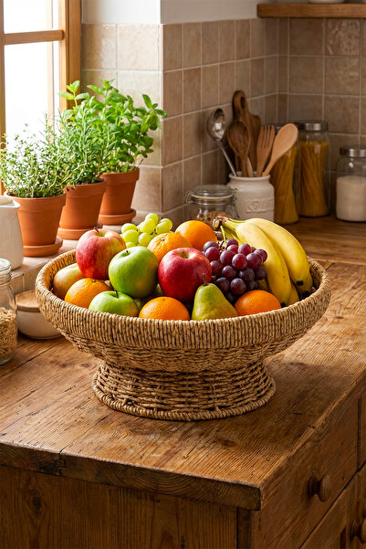 Homekolik Hasır Meyvelik 28 cm | Doğal El Örgüsü Meyve Sepeti | Rustik Mutfak...