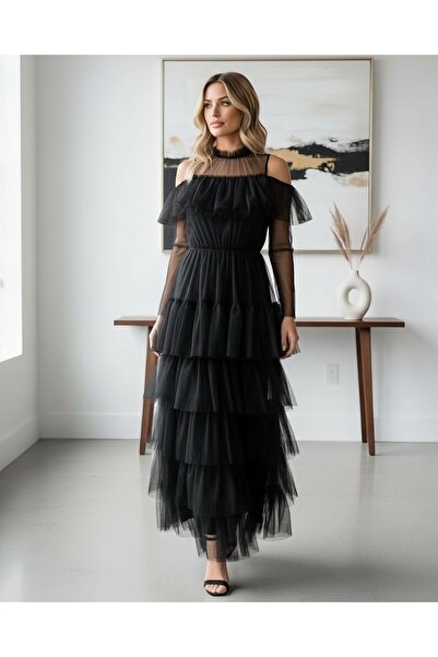 MsfashionX Black Tulle Layered Evening Dress with Elegant Off-Shoulder Design