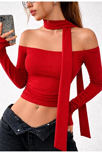 f-maskfashion Boat Neck Scarf Detail Crop