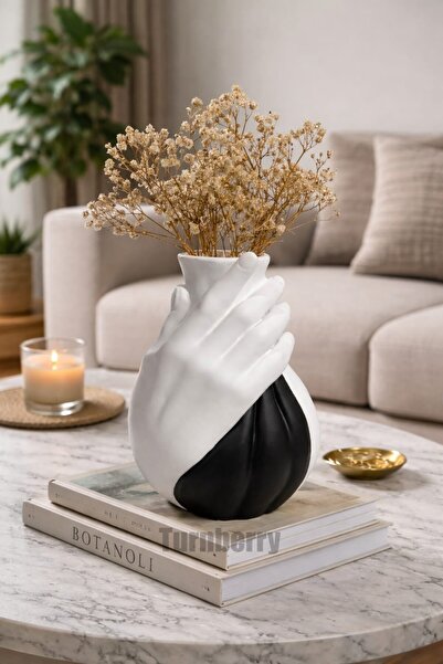 Turnberry Sonsuz Sarılma, El Boyama, Siyah, Siyah Beyaz, Sade Beyaz Vazo, Çiç...