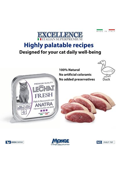 Monge LeChat Excellence by | Fresh Cat Wet Food | with Tasty Duck Paté & Chunkies | Supports Hydrat