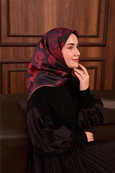 Silk Home Twill İpek Eşarp Kırmızı Çiçek Desen 90x90