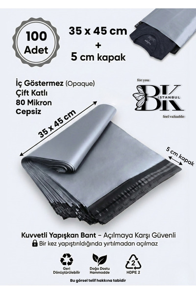 bkistanbul Kargo Poşeti Cepsiz 35x45 +5 cm Kargo Poşeti 80 Mikron İç Göstermez Gri Kargo Poşeti 100 Adet