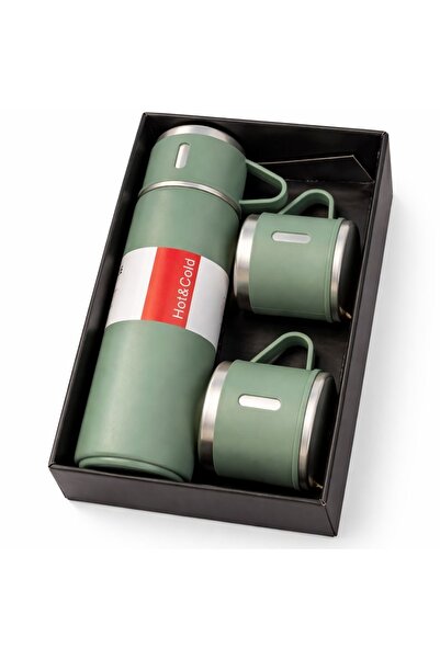 Yeliz Hot&Cold Series 3-Piece Steel Thermos and Mug Set - Matte Green 12 Hour...