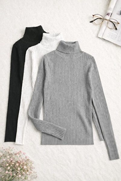 ÖZ PAMUK 3 ΤΕΜ. Πλεκτό Πουλόβερ με Γιακά Ολόσωμο, Εποχιακό Πουλόβερ