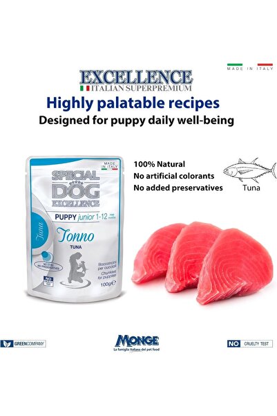 Monge Special Dog Excellence by | Puppy & Junior Wet Food with Tuna Chunkies in Sauce | Pack of 24x1