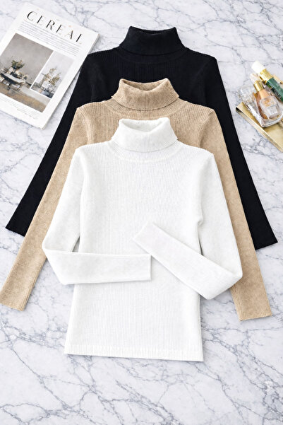 ÖZ PAMUK 3 ΤΕΜ. Πλεκτό Πουλόβερ με Γιακά Ολόσωμο, Εποχιακό Πουλόβερ