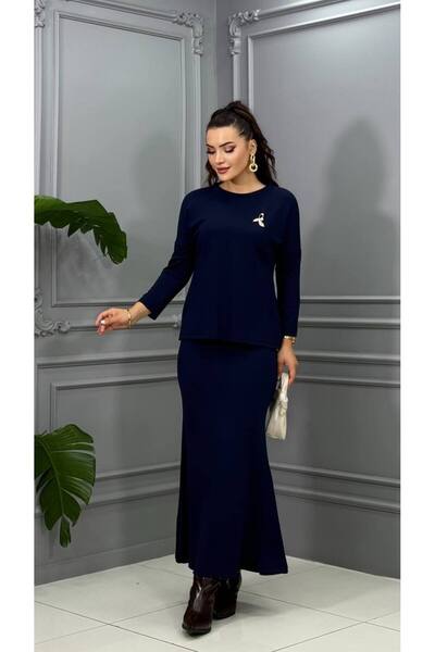 Genesis cannes Cannes Mira Brooch Detailed Navy Blue Double Skirt Set - Blous...