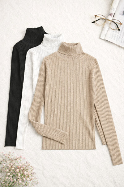 ÖZ PAMUK 3 ΤΕΜ. Πλεκτό Πουλόβερ με Γιακά Ολόσωμο, Εποχιακό Πουλόβερ