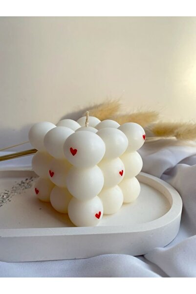 AKINLAR Beyaz Bubble Mum Kırmızı Kalp Figürlü %100 Soya Wax