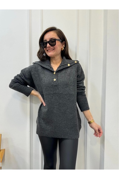 NOXS Gri Düğmeli Triko Kazak