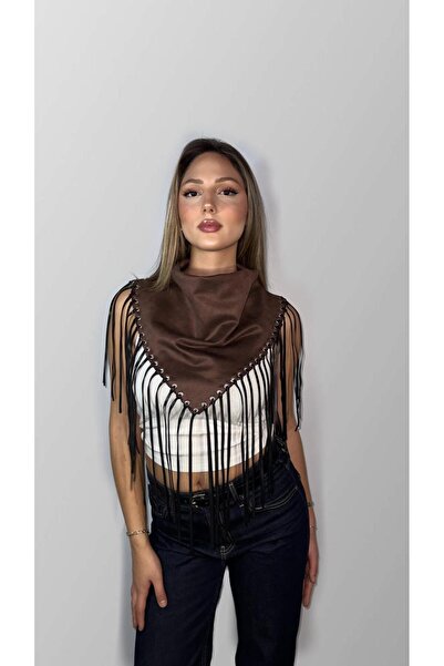 Sola co Western Stil Püsküllü Kahverengi Bandana Şal