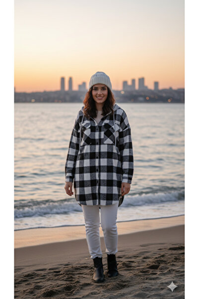 Polologin Butik Black and White Checkered Hooded Araboy Sports Lumberjack Shirt