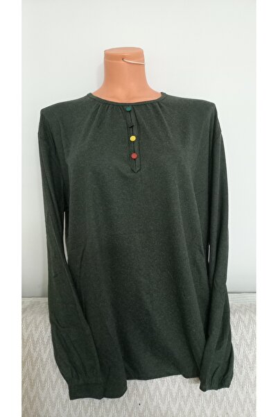 Anne Er Clothing Winter Cotton Battal Combed Cotton Blouse Long Sleeve Crew Neck Elasticated Sleeves Green