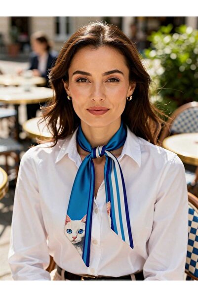 PERLMUTT Women's Blue Striped and Cat Pattern Scarf – Suitable for Shirts, Bl...