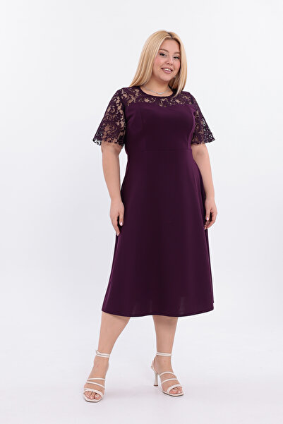 IŞILTI Modern & Elegant Stretch Fabric Crepe Fabric Lace Detail Zipper Midi Length Plus Size Evening Dress 3145