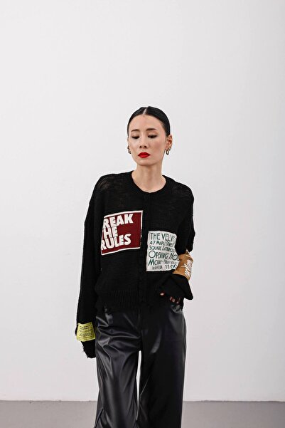 MADAMMERY Slogan Detailed Jacquard Short Women's Knitwear Sweater Twmuadil