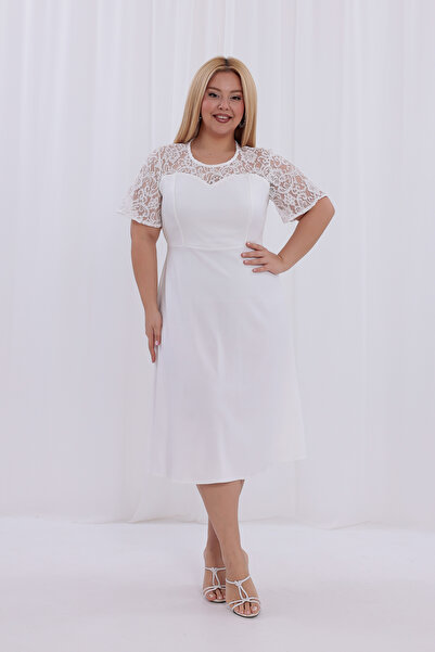 IŞILTI Modern & Elegant Stretch Fabric Crepe Fabric Lace Detail Zipper Midi Length Plus Size Evening Dress 3145