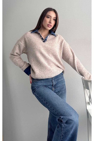 yeditepe fashion Jean Paneled Soft Textured Knitwear