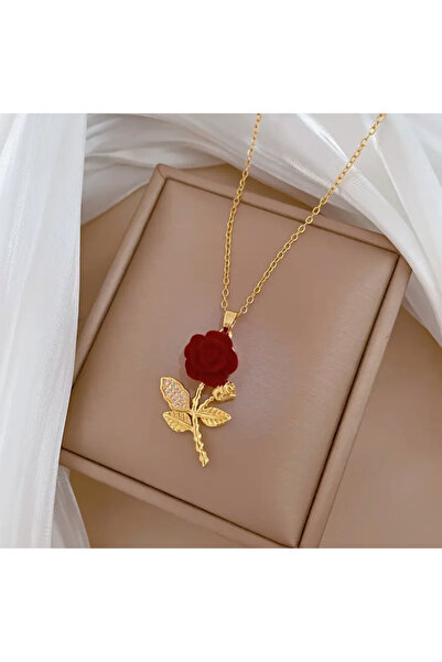 REKS Kırmızı Gül Figürlü Işıltılı Kolye – Aşkın En Zarif Hediye Hali