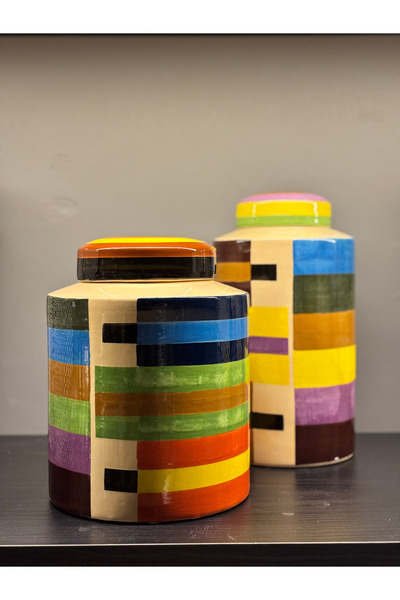 Nun Studio Renkli Modern Desenli Seramik KÜP Kavanoz – Dekoratif Kapaklı Sakl...