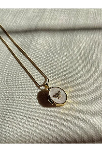 D&Z ACCESSORİES Çelik Antik Kolye Beyaz Mineli Kelebekli Kolye - Oval Madalyo...