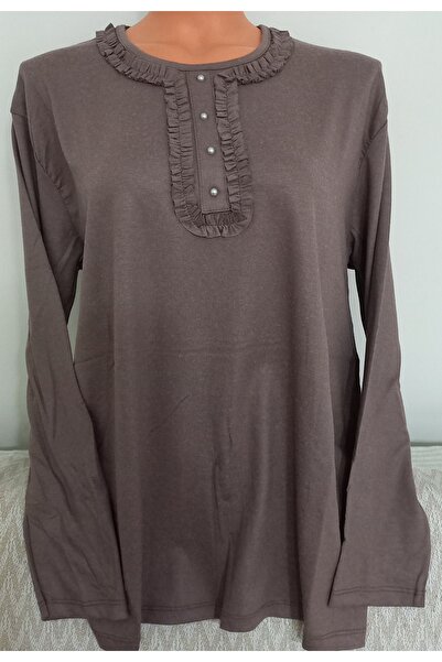 Anne Er Clothing Winter Cotton Combed Cotton Blouse Long Sleeve Crew Neck Beige