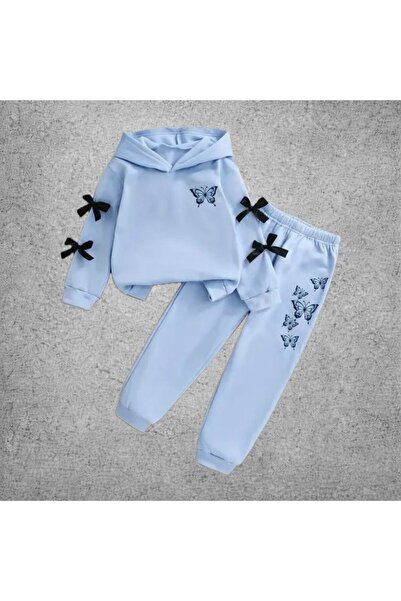 Kids Çocuk Kelebek Baskılı Bebe Mavi Kurdeleli Alt Üst 2'li Takım