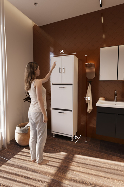 BELMO Atlas İki Sepetli Renkli Beyaz Çamaşır Sepetli Çok Amaçlı Banyo Dolabı