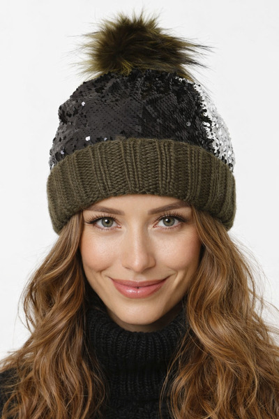 laviyonsa Double-Layer Knitted Beanie with Sequins and Sequins