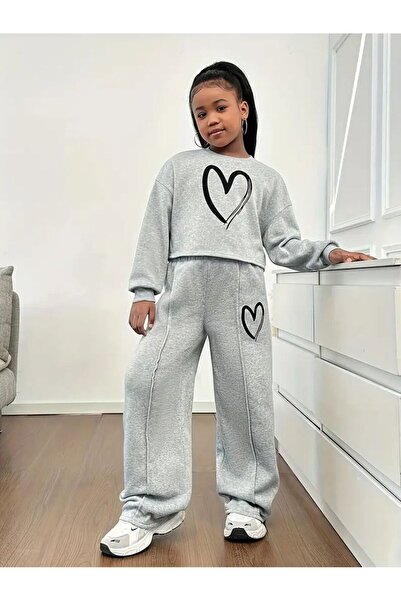 Kids Siyah Kalp Baskılı Kız Pamuklu Gri Çimalı Çocuk Alt Üst Takım