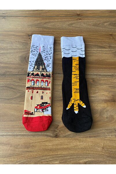 Nexa Doğaltaş Galata Tower & Fun Chicken Pattern Colorful Socks – Unisex Cott...