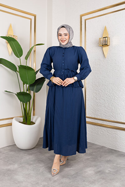 ensade Women's Hijab Skirt Suit Buttoned Waist Tie Long Skirt Blouse Set