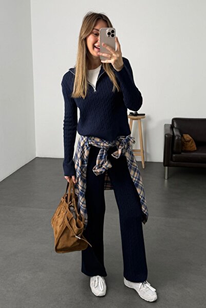 5in1Canpolat Navy Blue Hair Braided Knitwear Set 251019