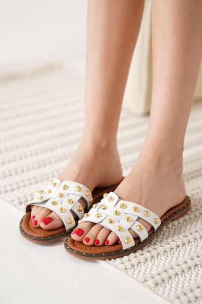 aczagul butik Loose White Genuine Leather Slippers